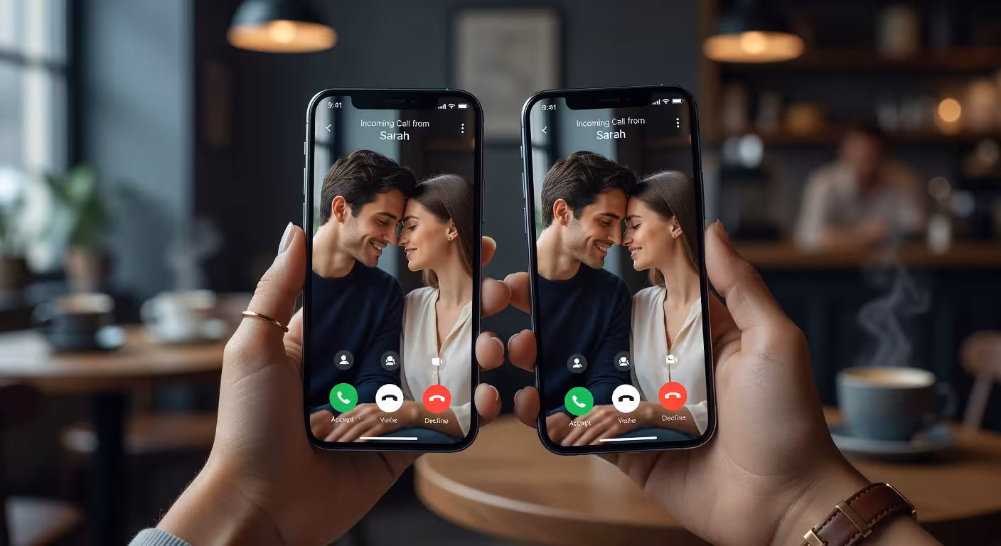 two phones side by side showing video call conversation, elegant hands holding devices, soft romanti