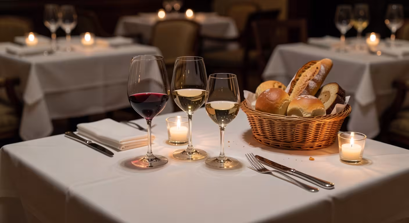 overhead view of wine glasses and bread basket on elegant restaurant table, soft candlelight, white