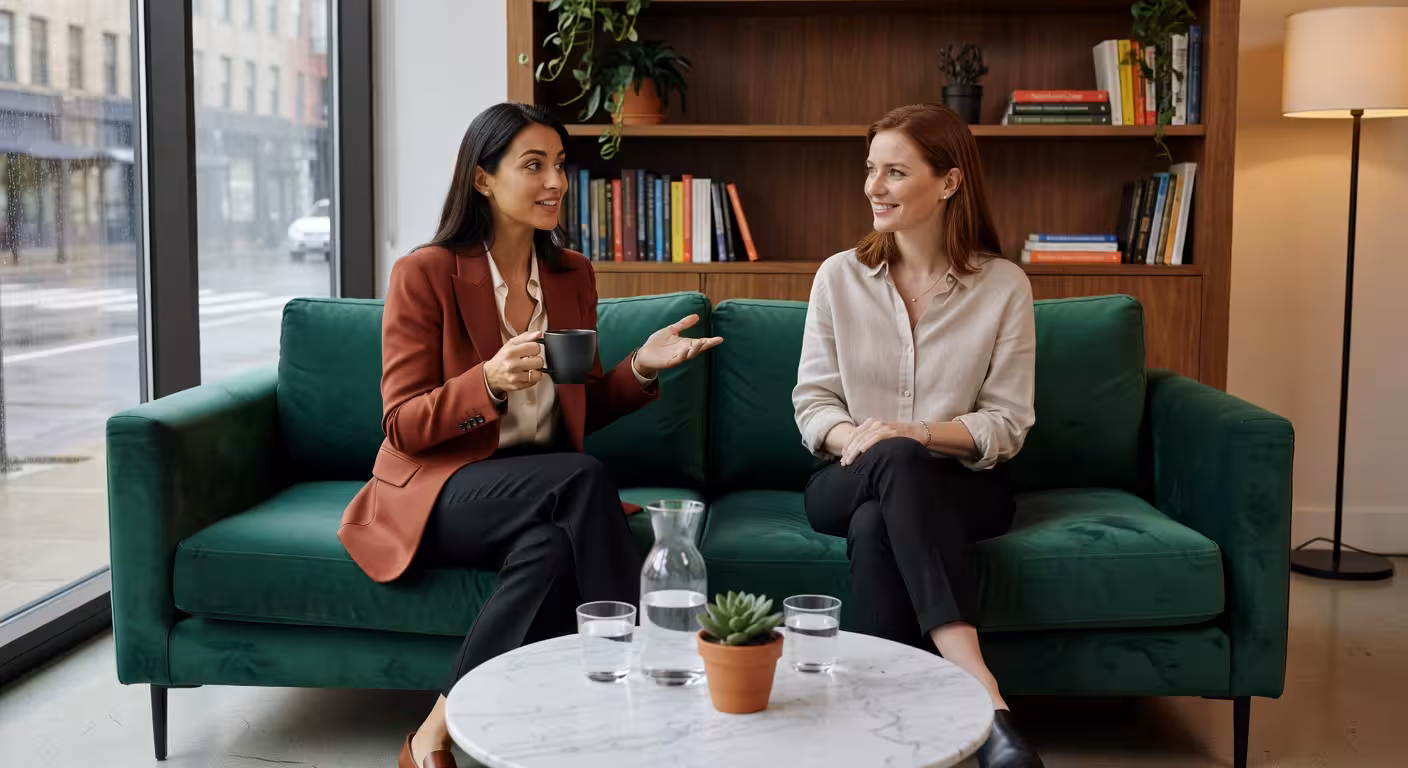 Two women having intimate supportive conversation in chic lounge setting, genuine friendship and und