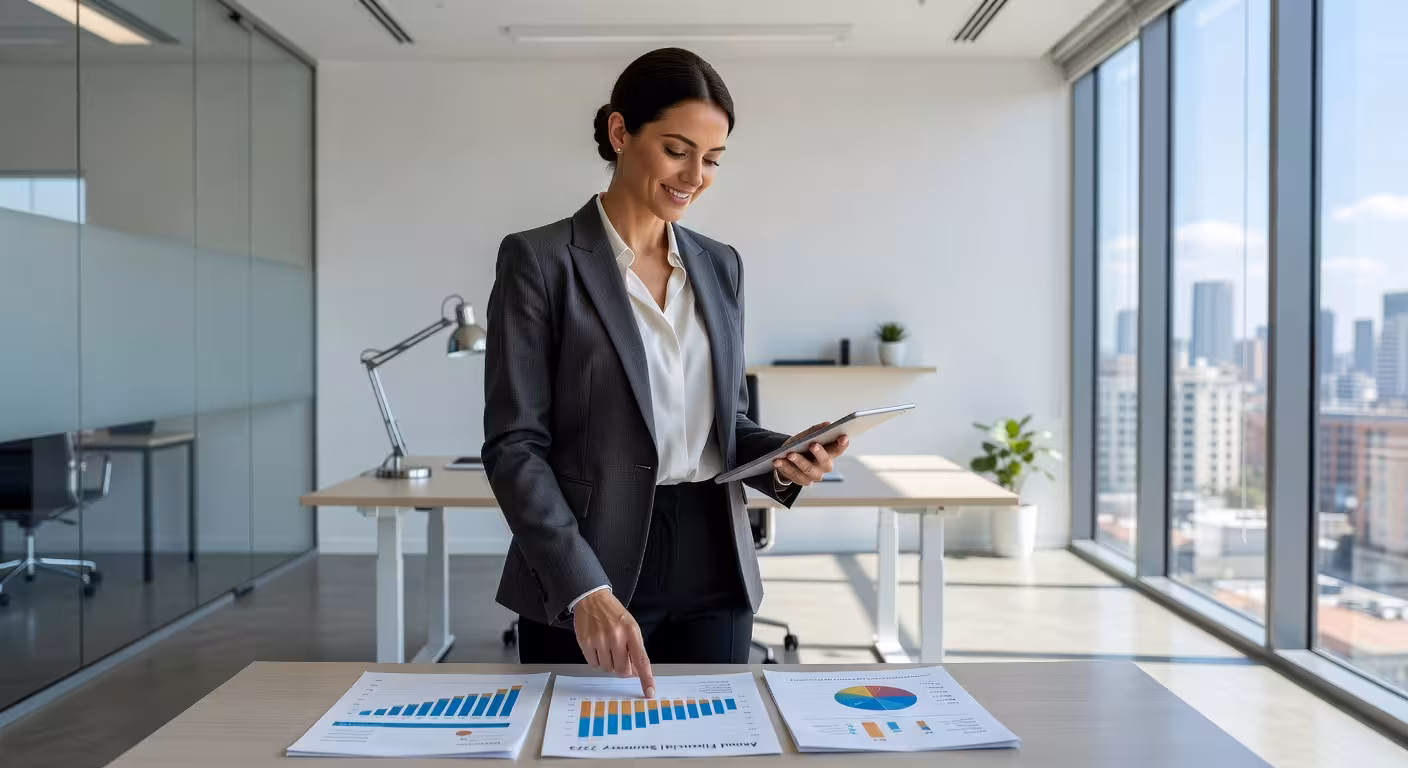 Confident woman in business casual attire reviewing financial documents with satisfied expression, b