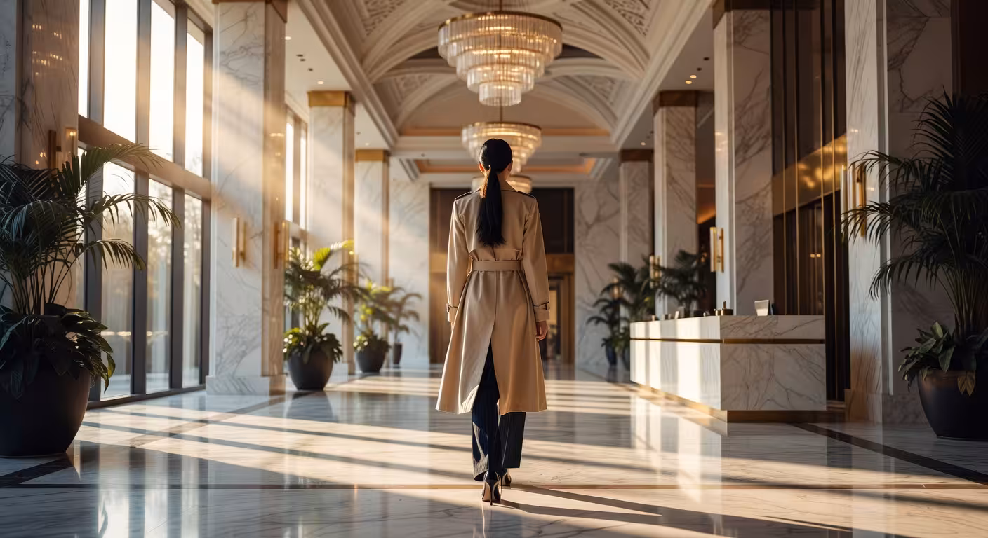 young woman walking away from camera in designer outfit through luxury hotel lobby, confident body l